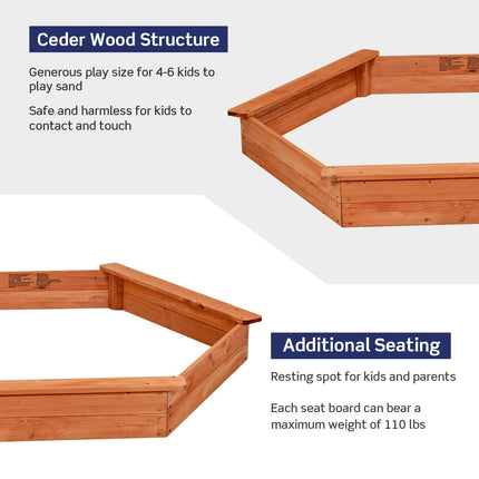 Costzon Wooden Sandbox with Seat Boards, Oxford Cover,Ground Liner, 73" x 64" Hexagon
