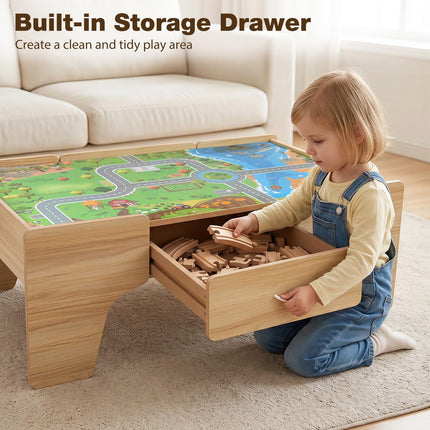 Costzon 110-Piece Wooden Train Table with Drawer for 3+ Years Old Toddlers