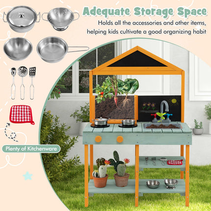 Costzon Mud Kitchen, Wooden Kids Kitchen Playset with See-Through Planter Box, Blackboard