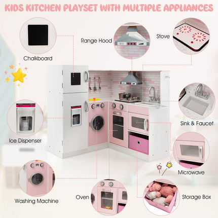 Costzon Kids Corner Kitchen Playset, Wooden Pretend Play Kitchen Toy Set