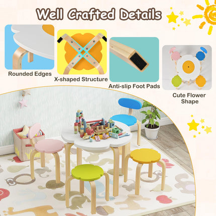 Costzon Kids Table and Chair Set 5-Piece Wooden Flower-Shaped Activity Table 2 Chairs & 2 Stools