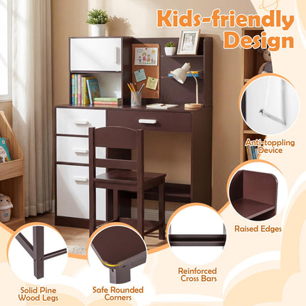 Costzon Kids Desk and Chair Set Wooden Study Table with Hutch