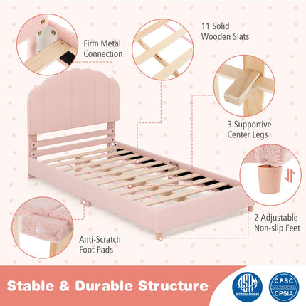 Costzon Twin Bed Frames with Adjustable Headboard, Upholstered Wooden Kids Bed w/Slats Support (Pink Shell)