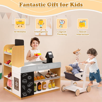 Costzon Grocery Store Pretend Play, Wooden Play Store with Shopping Cart( 31" x 23" x 35"）