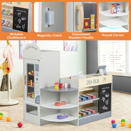 Costzon Pretend Grocery Store Playset, Wooden Supermarket Toy Set for Kids with Chalkboard