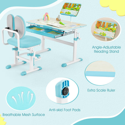 Costzon Kids Desk and Chair Set, Height-Adjustable Student Study Desk with Tiltable Desktop, Book Stand