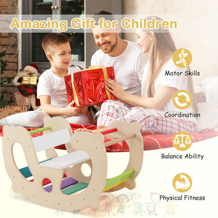 Costzon 2-in-1 Toddler Rocking Arch, Montessori Climbing Set & Wooden Rocking Horse Toy with Backrest & Seat