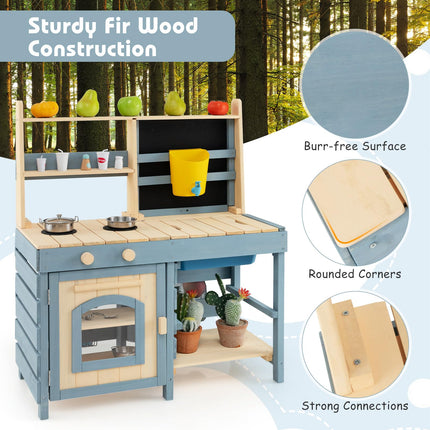 Costzon 2 in 1 Mud Kitchen, Fir Wood Outdoor Play Kitchen & Grocery Store w/Removable Sink