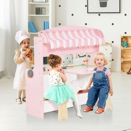 Costzon Double-Sided Play Kitchen & Restaurant Toy Set, 2 in 1 Wooden Pretend Diner Set