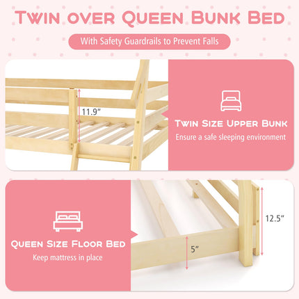 Costzon Twin Over Queen Bunk Bed, House Shaped Bed Frame with Climbing Nets and Ramp