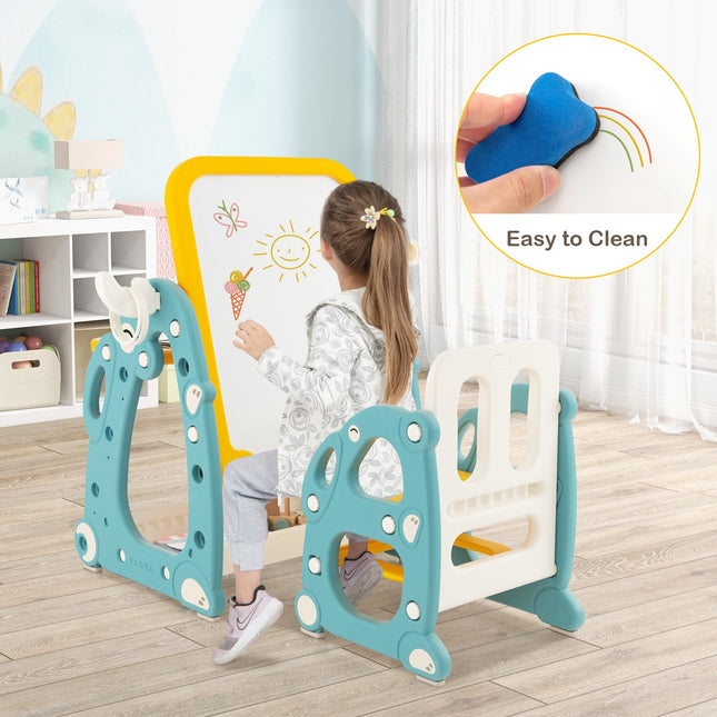 Costzon 4 in 1 Kids Art Easel, Kids Table and Chair Set with Adjustable Whiteboard, Easel for Toddlers