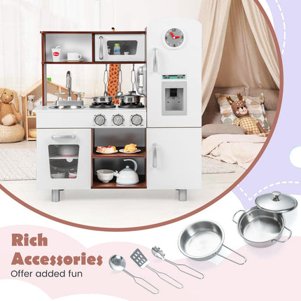 Costzon Kitchen Playset for Kids, Wooden Pretend Cooking Kitchen, Toddlers Play Kitchen Set with Accessories