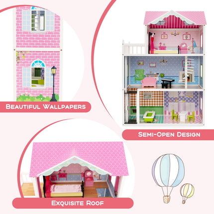 Costzon Wooden Dollhouse for Kids, 3-Story Semi-Open Doll House with 5 Rooms & 10 Pieces Furniture Set