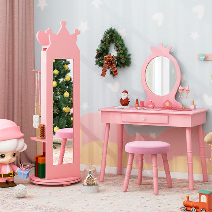 Costzon Kids Vanity & Jewelry Armoire Cabinet, Wooden Kids Vanity Table and Chair Set