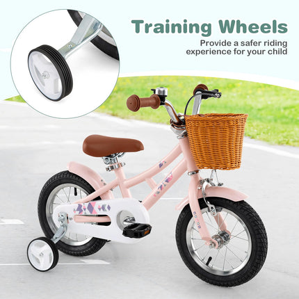 BABY JOY Retro Kids Bike, 12 Inch Child Bike w/Rattan Basket, 95% Pre-Assembled Kids Bicycle for Girls