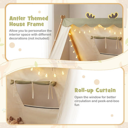 Costzon Twin Bed Frames for Kids Wooden House Antlers-Shaped Floor Bed w/Tent