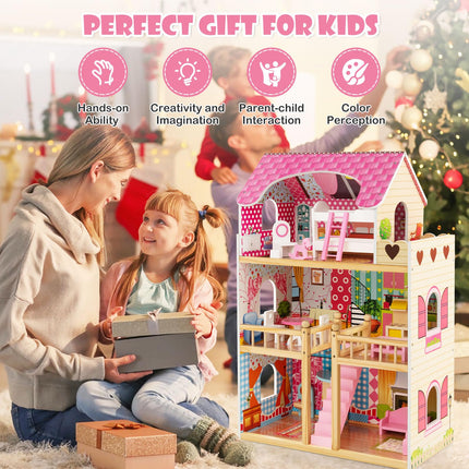 Costzon Dollhouse, Toy Family House with 15 pcs Furniture, DIY Pretend Doll House