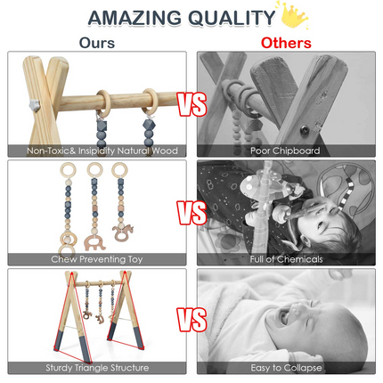BABY JOY Portable Wooden Baby Gym, Foldable Baby Play Gym Frame, Baby Exercise Activity Gym Hanging Bar