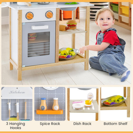 Costzon Kids Kitchen Playset, Wooden Pretend Little Chef Cooking Toy Set with Sink, Faucet, Stove