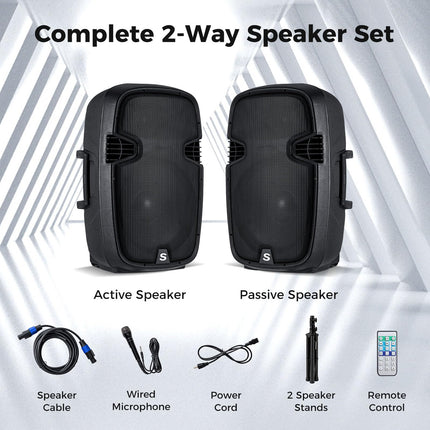 Costzon Portable 3000W 2-Way Powered PA Speaker System, 15'' Professional High Powered Bluetooth Active + Passive Party Speakers