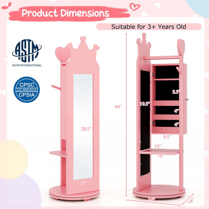 Costzon Kids Jewelry Armoire, 360° Swivel Jewelry Cabinet with Full Length Mirror & Garment Rack