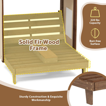 Costzon Kids Lounge Chair Outdoor, Wood Double Seat Chaise Lounge with Canopy, Cup Holders
