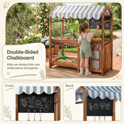 Costzon Wooden Kids Mud Kitchen with Canopy 2-Sided Chalkboard