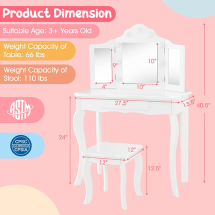 Costzon Kids Vanity Table and Chair Set, Girls Vanity Set with Mirror and Stool, Storage Drawer, Wooden Princess Makeup Dressing Table