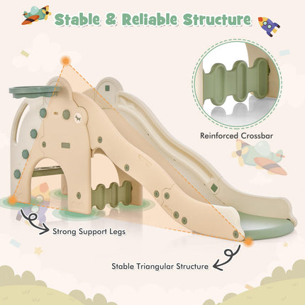 BABY JOY Toddler Slide, Elephant Shape Large Slide for Kids with Basketball Hoop, Buffer Zone & Non-Slip Steps