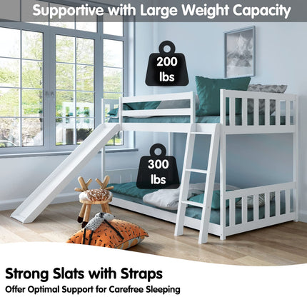 Costzon Twin Over Twin Bunk Bed Wooden Low Bunk Bed with Slide & Ladder