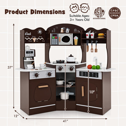Costzon Corner Play Kitchen, Wooden Kids Kitchen Playset with Lights & Sound