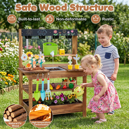Costzon Outdoor Mud Kitchen for Kids | Toddler Wooden Potting Bench w/Water Faucet