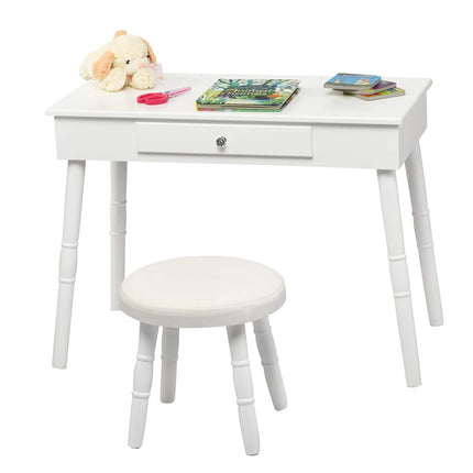 Costzon Kids Vanity Set, Wooden Princess Makeup Table with Cushioned Stool