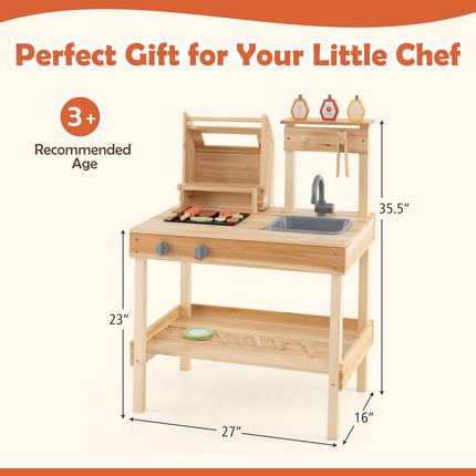 Costzon Kids Grill Playset, Wooden Kids BBQ Grill Playset with Play Food（With Shelf）