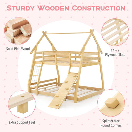 Costzon Twin Over Queen Bunk Bed, House Shaped Bed Frame with Climbing Nets and Ramp