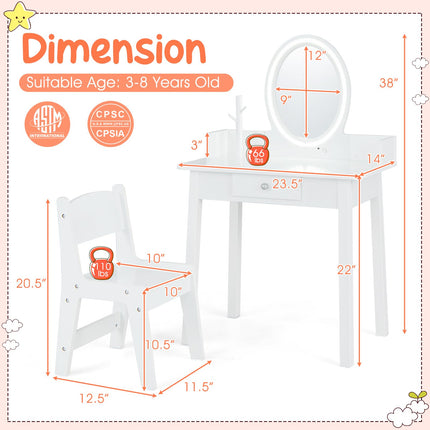 Costzon Kids Vanity, Girls Vanity Set with Mirror and Stool and Lights, 2 in 1 Wooden Princess Makeup Desk Dressing Table