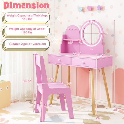 Costzon Kids Vanity, Girls Vanity Set with Mirror and Stool and Lights