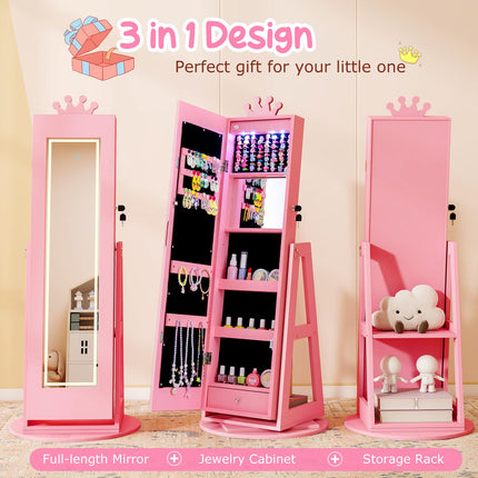 Costzon Kids Jewelry Armoire with LED Lights Lockable Standing Jewelry Organizer