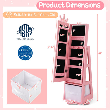 Costzon Kids Jewelry Armoire, 360° Swivel Jewelry Cabinet with Full Length Mirror