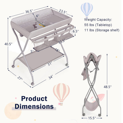 Costzon Portable Changing Table, Mobile Baby Changing Table with Wheels, Safety Belt, Large Storage Basket