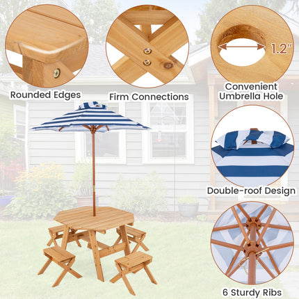 Costzon Kids Picnic Table, Fir Wood Octagon Kids Table and Chair Set with Removable Umbrella