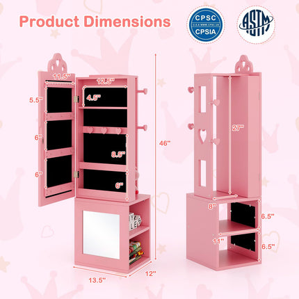 Costzon Kids Jewelry Armoire Cabinet, 46" Standing Jewelry Organizer with Full-Length Mirror