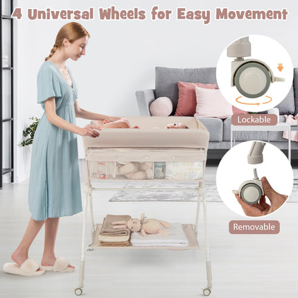 BABY JOY Portable Baby Changing Table, Foldable Diaper Changing Station with Wheels