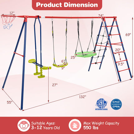 Costzon Swing Sets for Backyard, 6 in 1 Heavy-Duty Metal Swing Set with 2 Swings