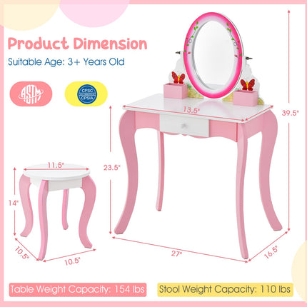 Costzon Kids Vanity, Girls Vanity Set with Mirror and Stool, Drawer, Storage Grids