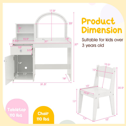 Girls Vanity Set with Mirror and Stool and Lights, Makeup Vanity Desk - Costzon