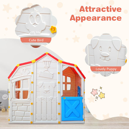 Costzon Roomy Kids Playhouse, Realistic Cottage Playset w/Open-able Windows, Indoor Outdoor Playhouse for Kids