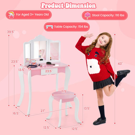 Costzon Kids Vanity Table and Chair Set, Girls Vanity Set with Mirror and Stool, Storage Drawer