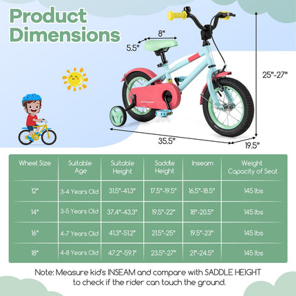 BABY JOY Kids Bike, 12 Inch Sport Style Children's Bicycle with Vivid Color, Training Wheels
