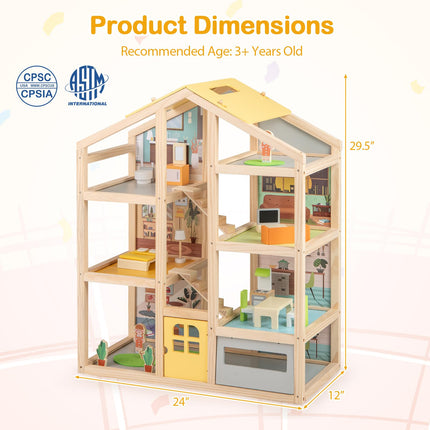 Costzon Wooden Dollhouse for Kids Modern Family Pretend Playhouse